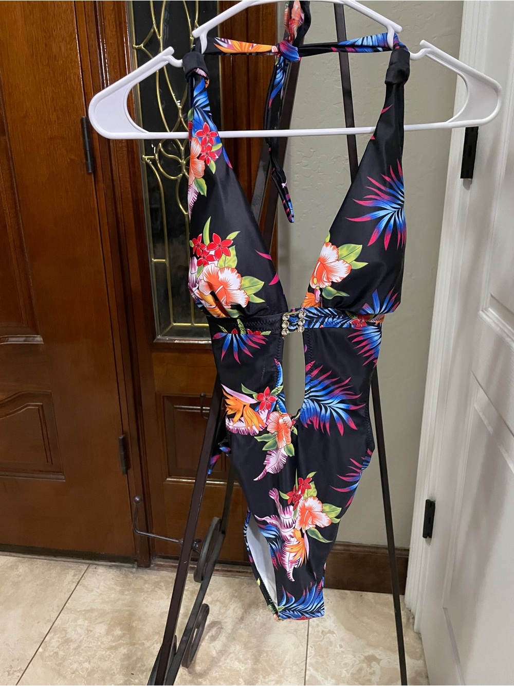 Black Floral Halter One-Piece Slimming Swimsuit Cutout Bikini XS Monokini